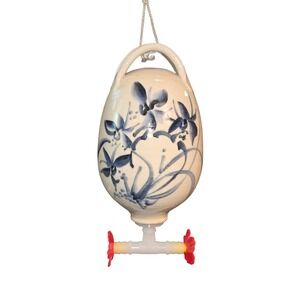 Handmade Hummingbird Feeder Blue Cream Floral Pottery Hanging Decor 8"X4"X4"
